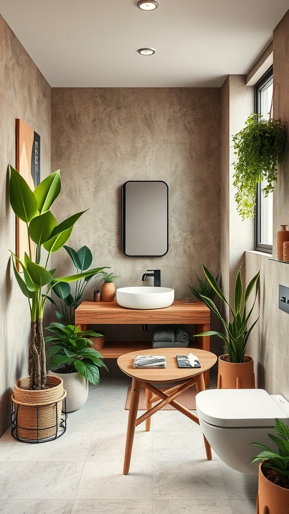 Nature-inspired ensuite bathroom featuring plants, wooden furniture, and earthy tones.