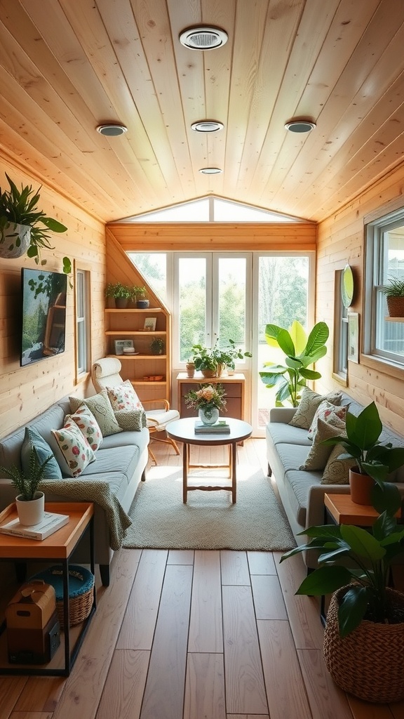 Cozy trailer house living room with wooden walls, large windows, green plants, and comfortable seating.