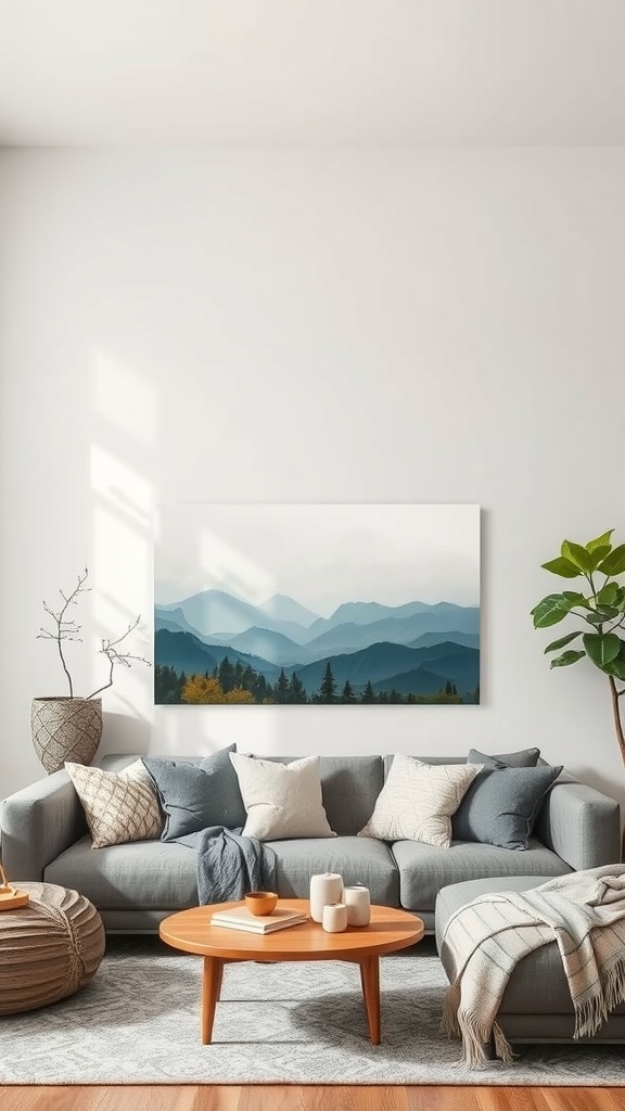 A cozy living room with a gray sofa, mountain landscape wall art, and natural decor.