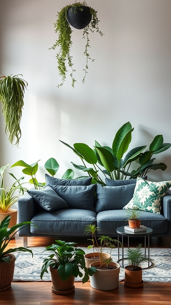 A living room featuring a dark gray couch surrounded by various indoor plants, creating a nature-inspired atmosphere.