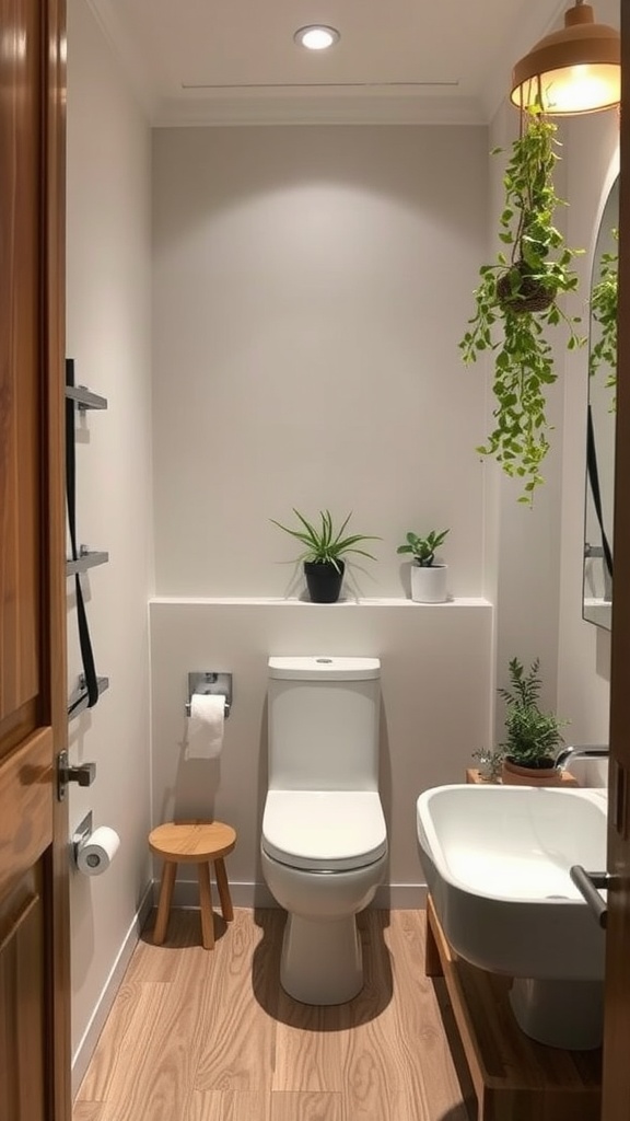 A minimalistic small bathroom featuring plants, wooden accents, and a clean design.