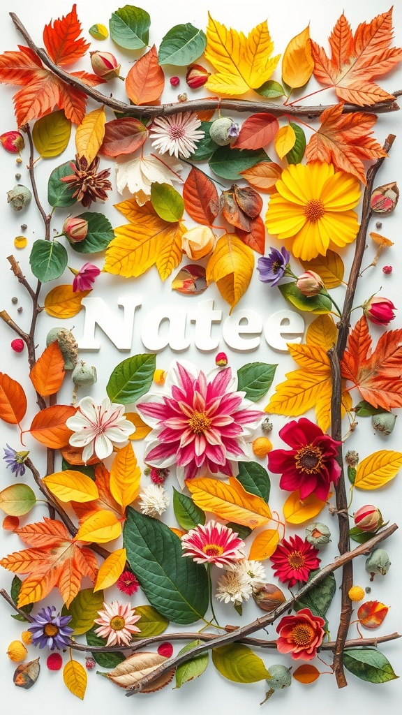 A colorful nature collage featuring leaves, flowers, and twigs arranged artistically.