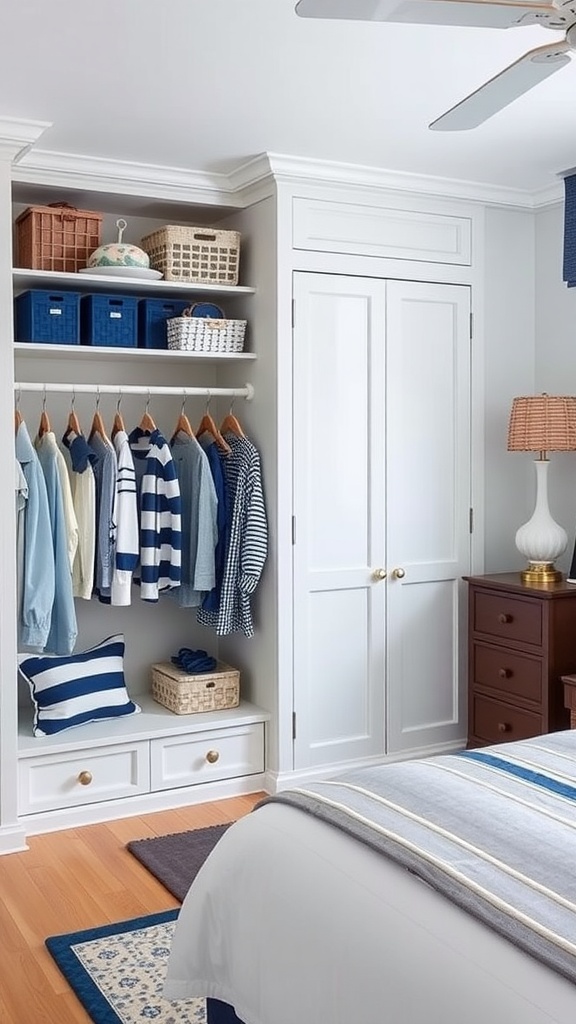 A nautical inspired bedroom wardrobe with blue and white colors, featuring hanging clothes, storage baskets, and neatly organized drawers.