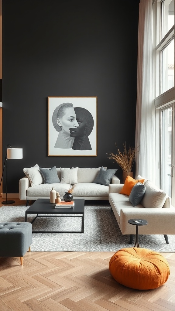 A stylish living room with neutral tones and bold accents, featuring a black wall, modern artwork, and colorful decor.