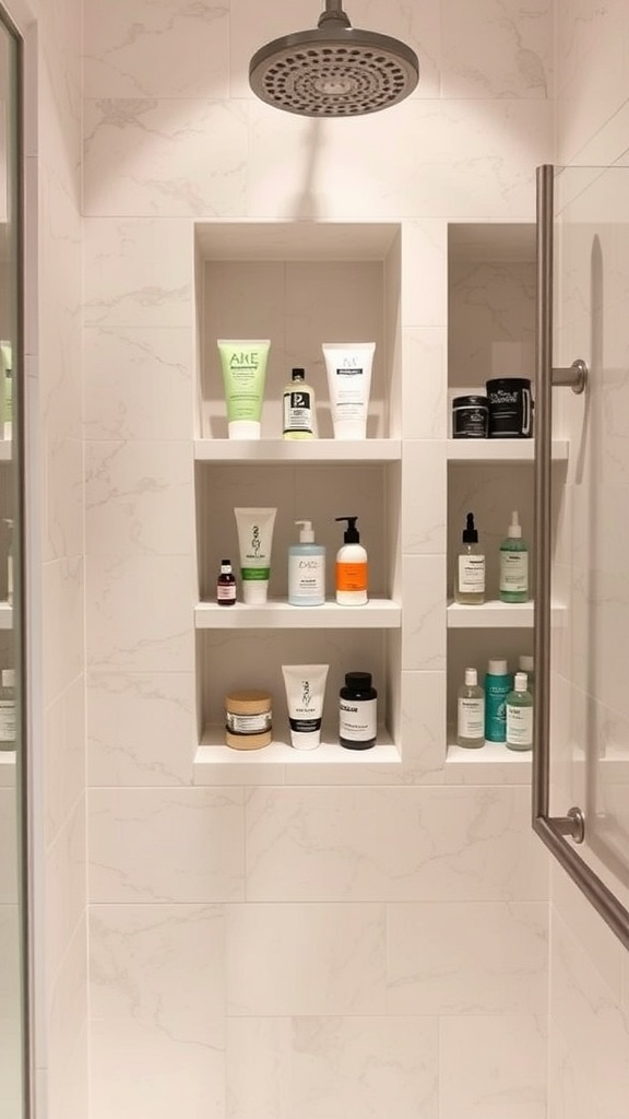 A shower area featuring built-in niche shelves displaying various skincare and haircare products.