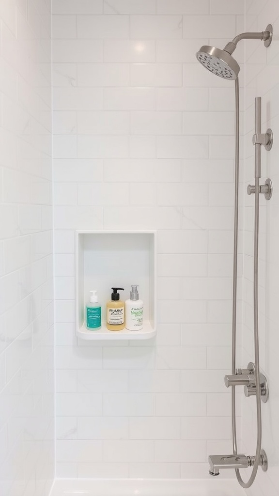 A small shower with built-in niche shelving displaying three bottles of shower essentials