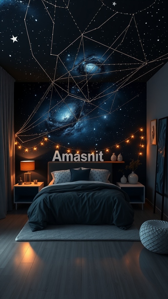 A bedroom with a night sky theme featuring a starry ceiling, cozy bedding, and warm lighting.