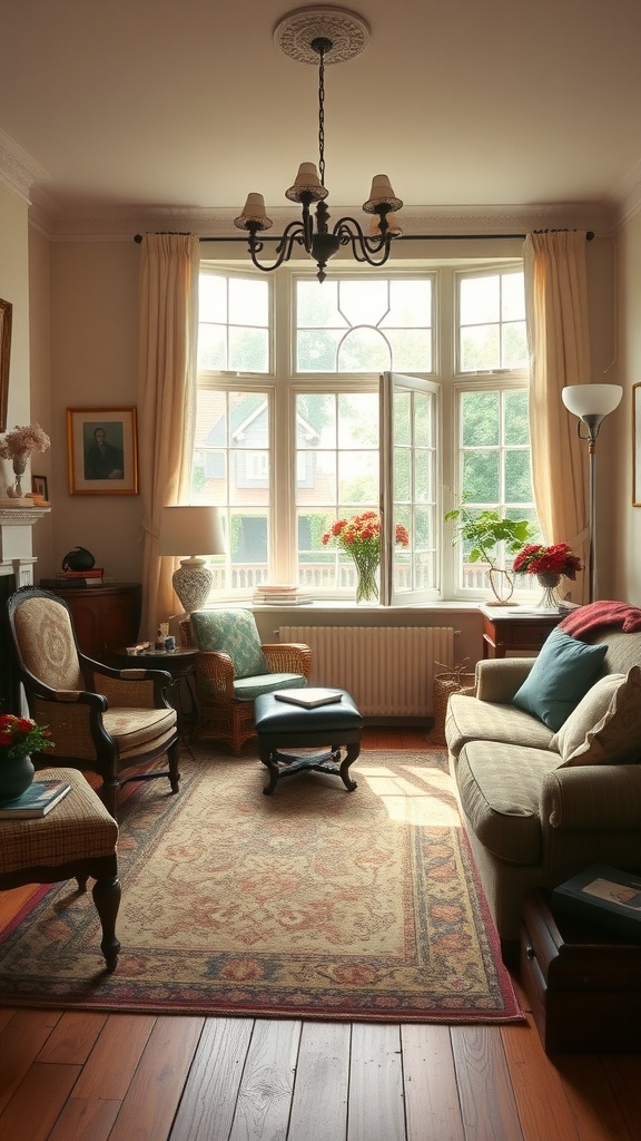 A cozy old English living room with bay windows, warm lighting, and soft color palette