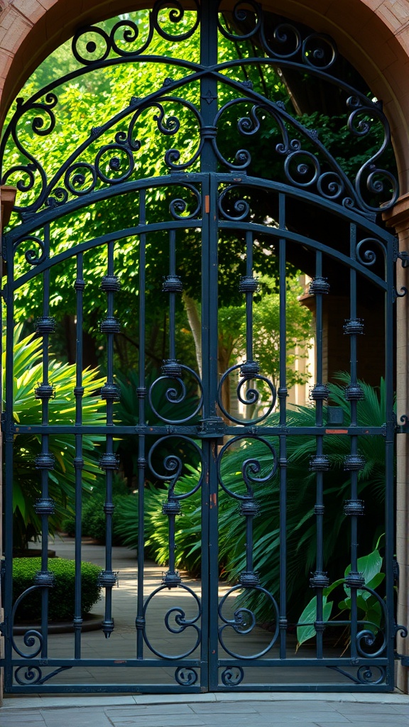 An elegant iron gate with intricate designs, surrounded by lush greenery.