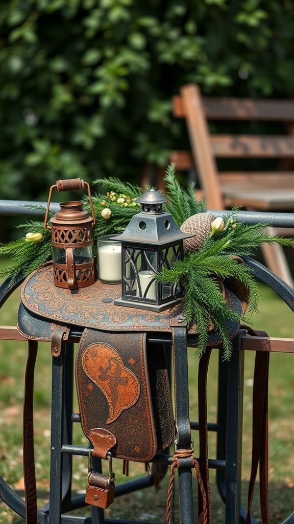 A rustic centerpiece featuring an old saddle with lanterns and greenery