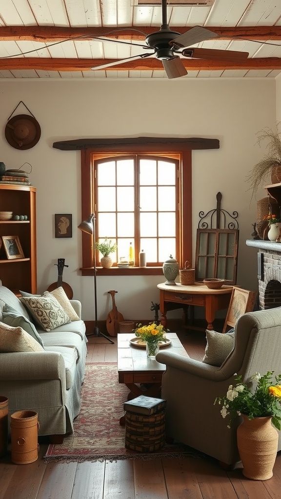 Cozy living room featuring wooden beams, vintage furniture, and potted plants.