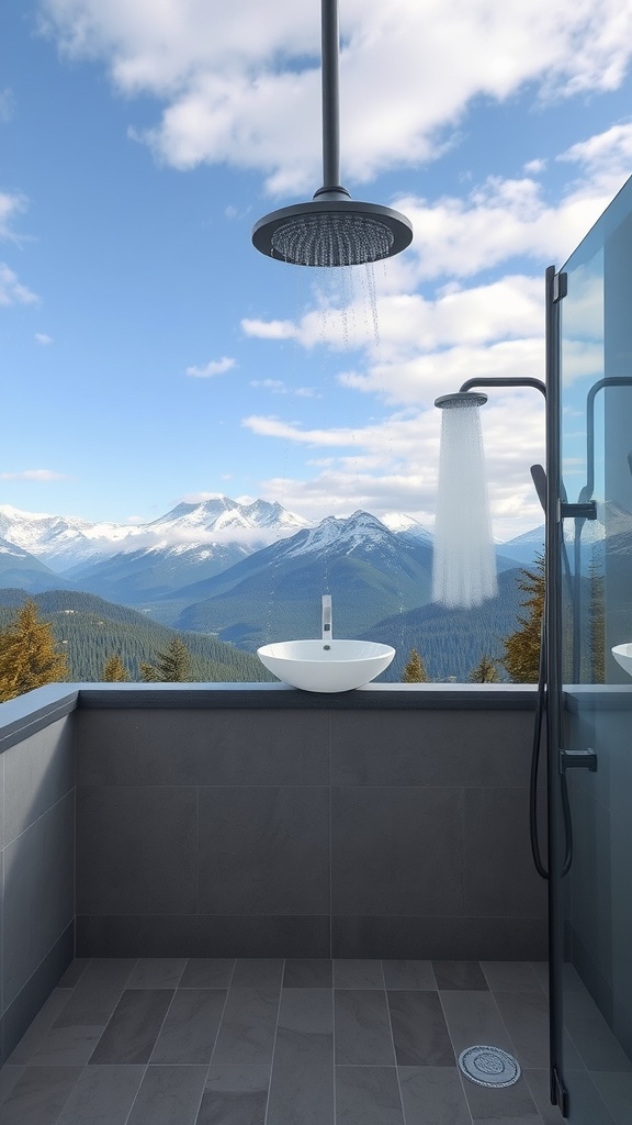 An open-air shower with a stunning mountain view, featuring a modern showerhead and a minimalist sink.