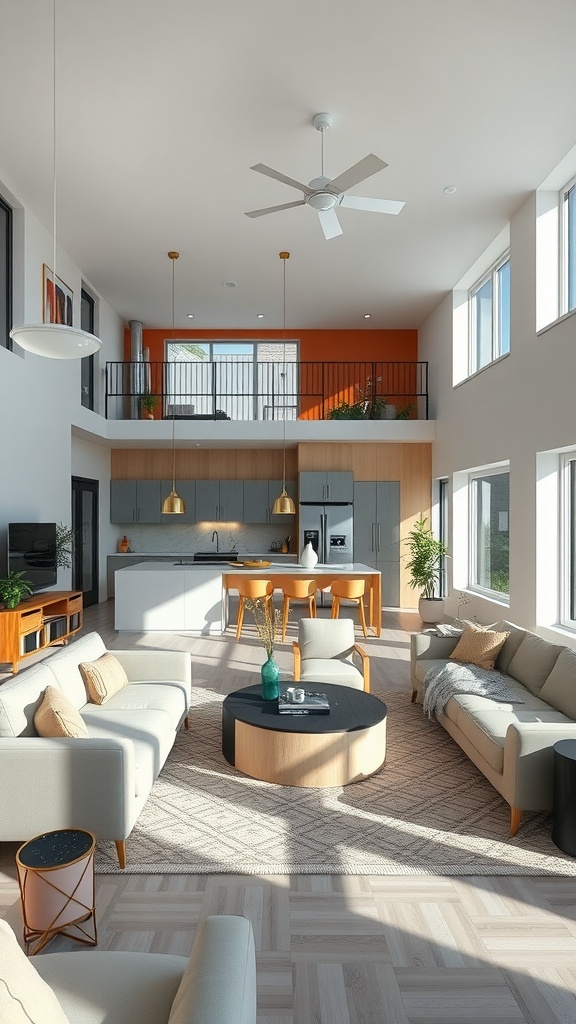 Open concept living room and kitchen with large windows, modern furniture, and a bright atmosphere.