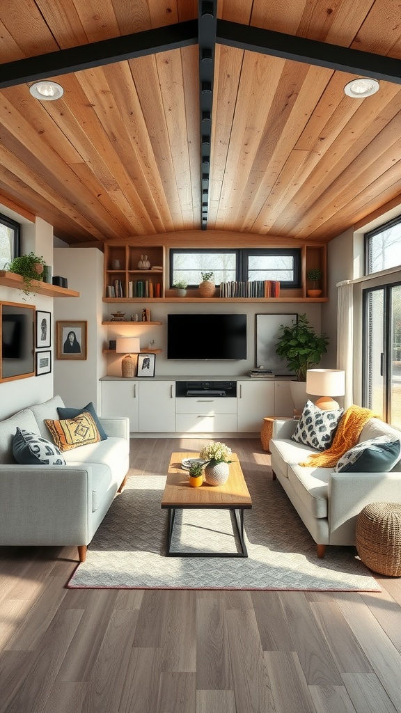 A cozy trailer house living room with wooden ceiling, large windows, and light-colored furniture.