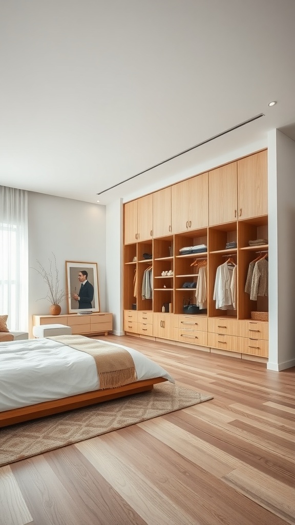 A modern bedroom featuring an open concept wardrobe system with wooden storage and neatly arranged clothing.