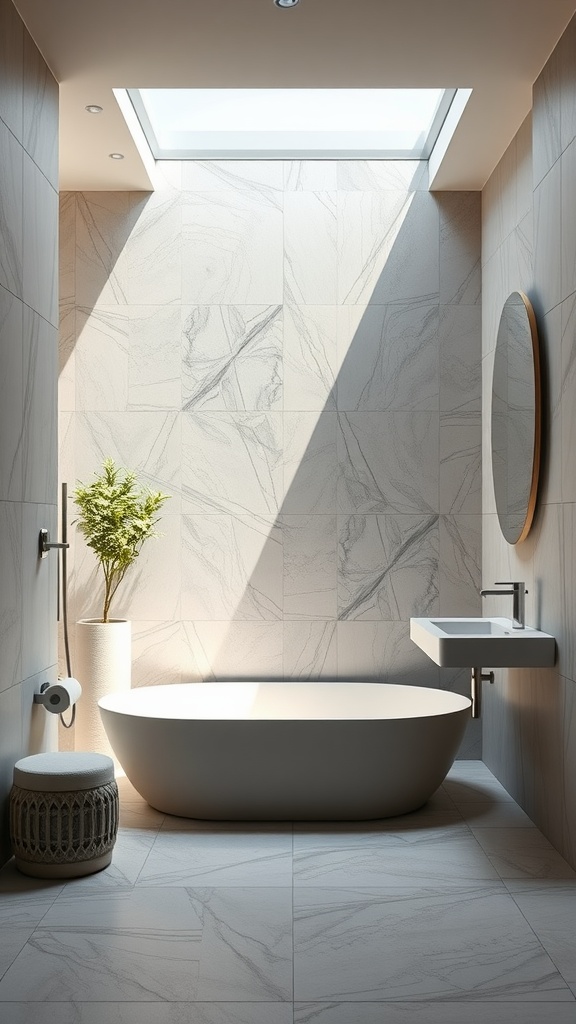 A modern bathroom with an open layout featuring a freestanding bathtub, natural light from a skylight, and minimalistic decor.