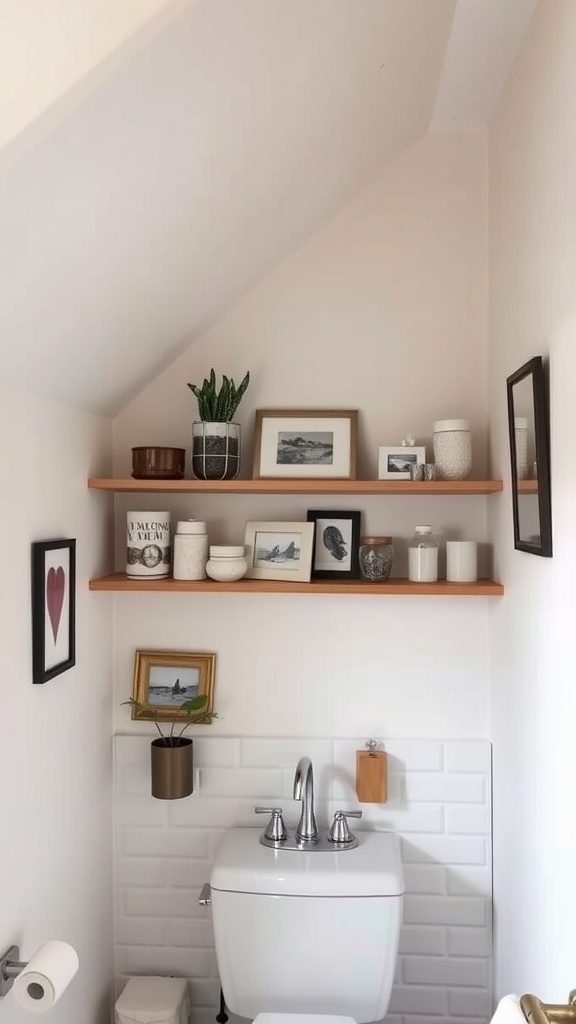 A small bathroom with slanted ceiling featuring open shelves with plants and decorative items.