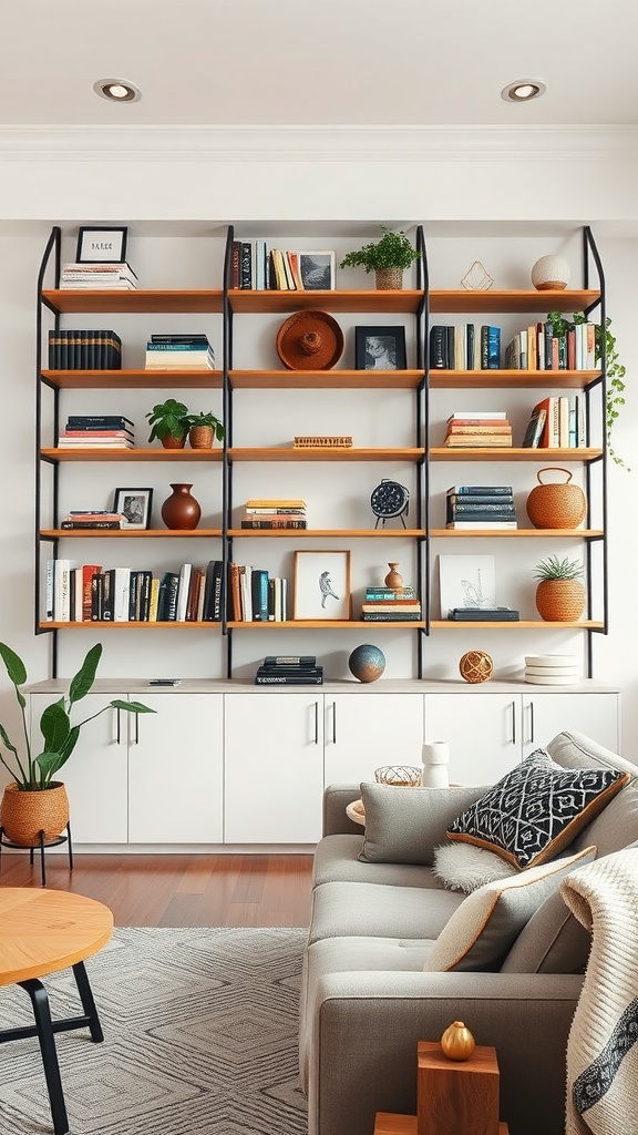 Modern boho living room with open shelving displaying books and decor.