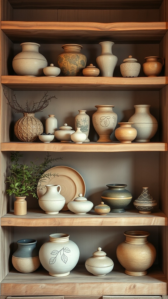 Open shelving displaying various pottery pieces and greenery