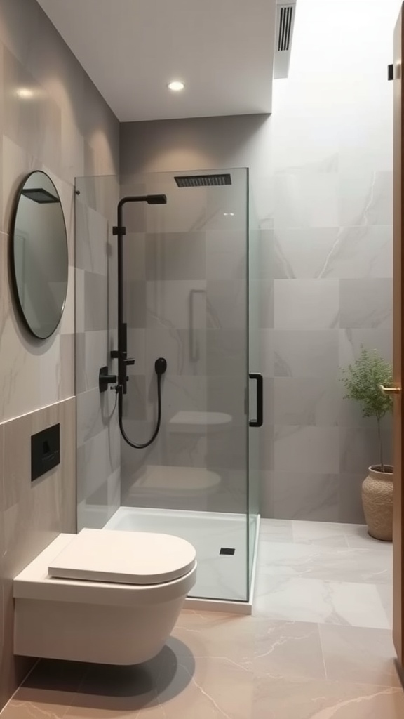 A modern small bathroom with an open shower design featuring glass walls, a round mirror, and a minimalist color scheme.