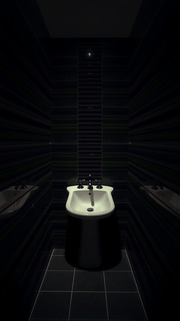 A small dark bathroom featuring horizontal striped walls and a white sink.