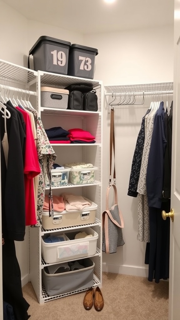 A well-organized closet with shelves, storage bins, and hanging clothes.