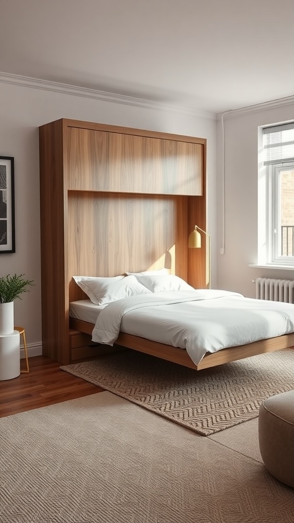 A modern bedroom featuring a wooden Murphy bed, neatly folded up against the wall, with a cozy atmosphere and warm lighting.