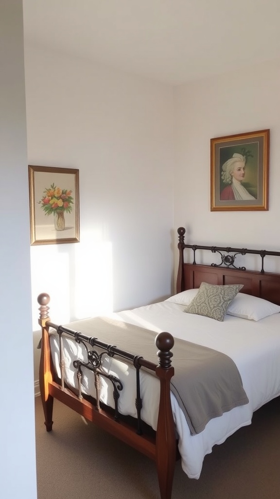 A small bedroom featuring a sleigh bed with neutral bedding and framed artwork on the walls.