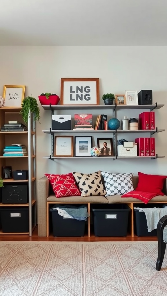 An organized dorm living room featuring stylish storage solutions, shelves, and colorful decor.