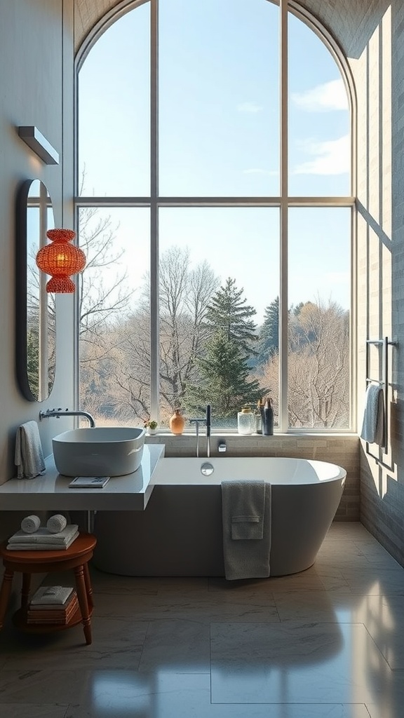 A stylish bathroom with large windows overlooking trees, featuring a freestanding tub and modern sink.