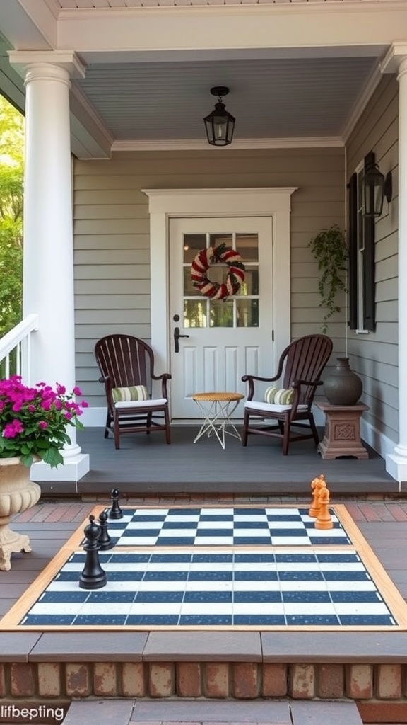 Cozy front porch with a giant chess board and comfortable seating