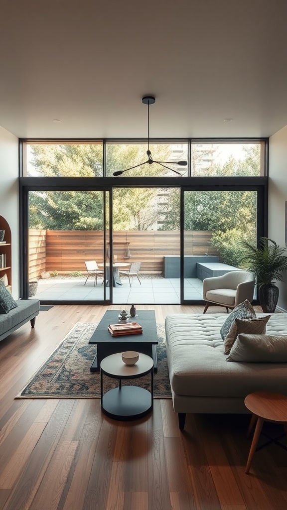 A modern living room with large glass doors leading to an outdoor space