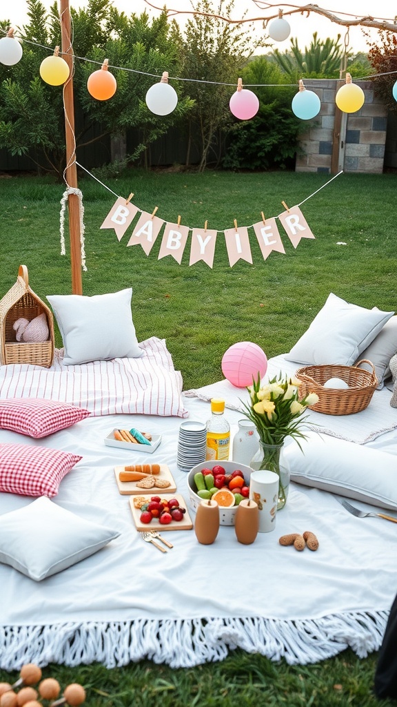 An outdoor picnic setup for a baby shower featuring a blanket, pillows, snacks, and decorations.