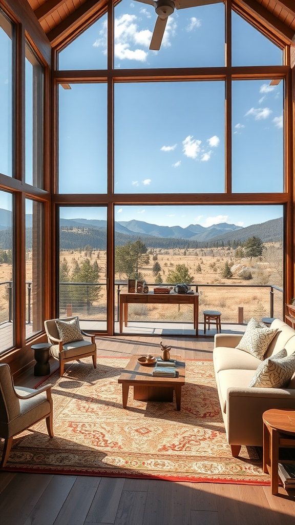 A beautifully designed ranch-style living room featuring large windows that showcase outdoor mountain views.