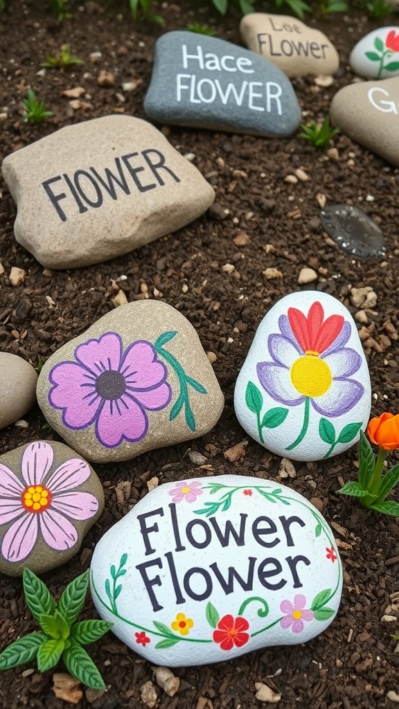 Colorful painted rocks with flower designs used as garden markers.