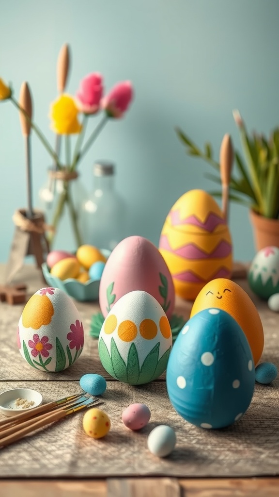 Colorful paper mache Easter eggs with various designs on a wooden table