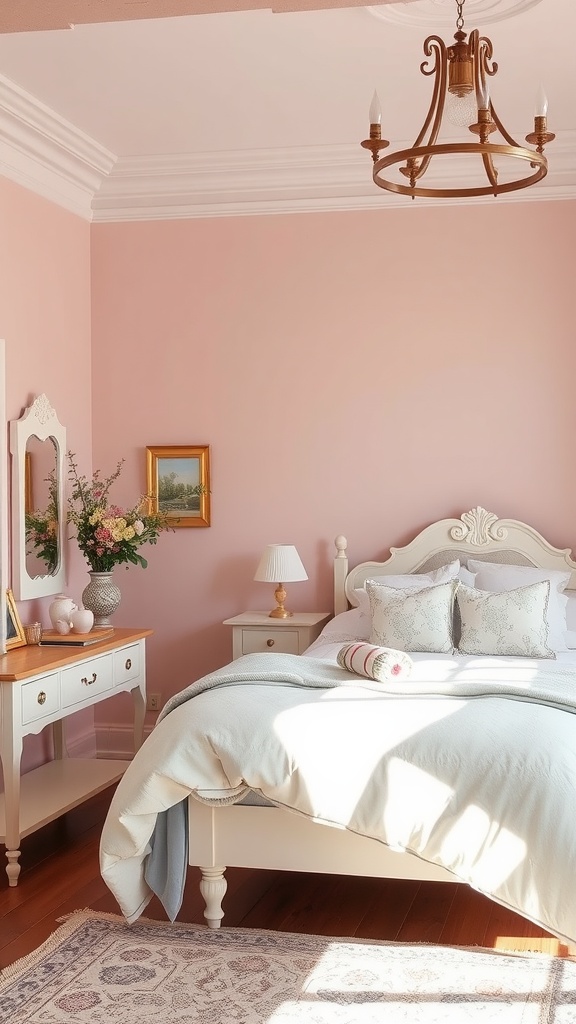 A cozy French cottage bedroom with pastel pink walls, white furniture, and soft bedding.