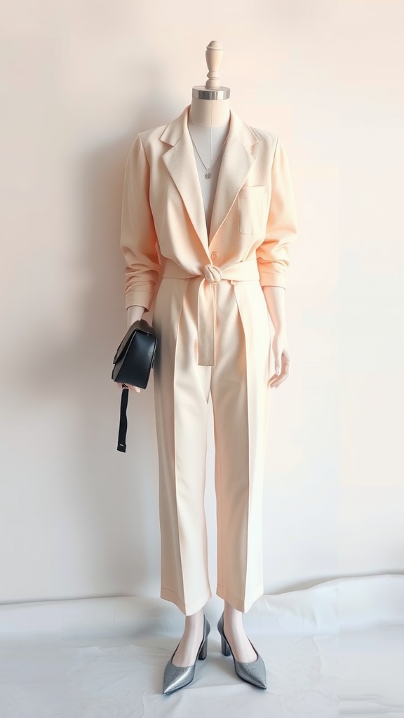 A mannequin wearing a pastel peach blazer and matching trousers with silver heels, holding a black handbag.