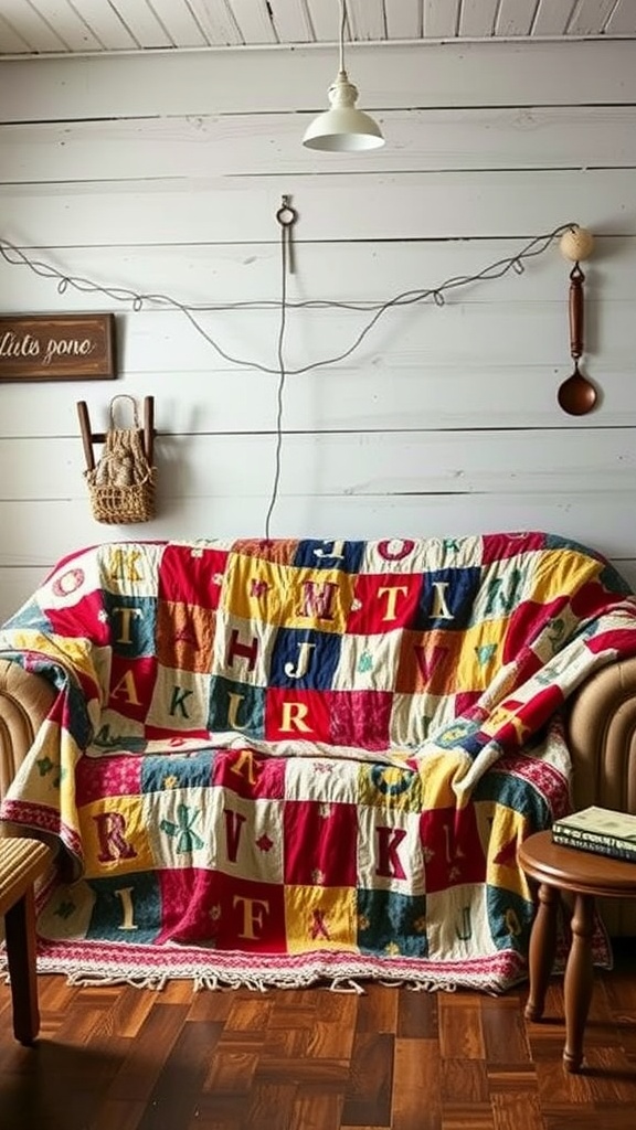 A cozy living room with a colorful patchwork quilt draped over a sofa, featuring a rustic design