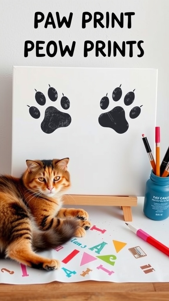 A cat sitting beside a canvas with paw prints and art supplies.