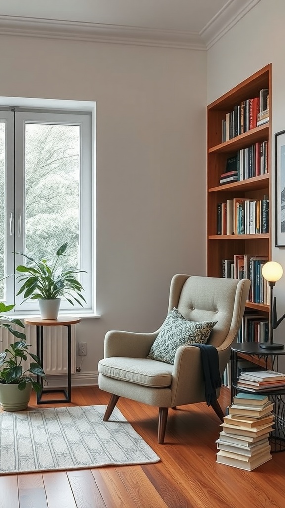 A cozy reading corner with a comfortable chair, bookshelves, and a plant in a mobile home.