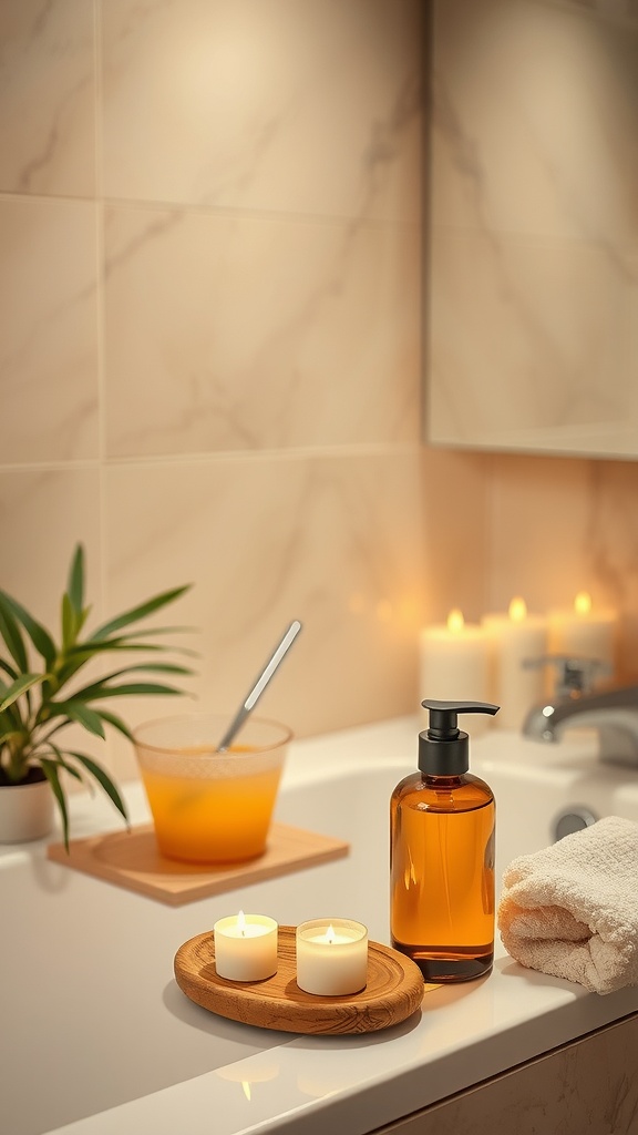 A warm and inviting bathroom with spa elements, including candles, a bottle of soap, a plant, and a bowl of orange mixture.