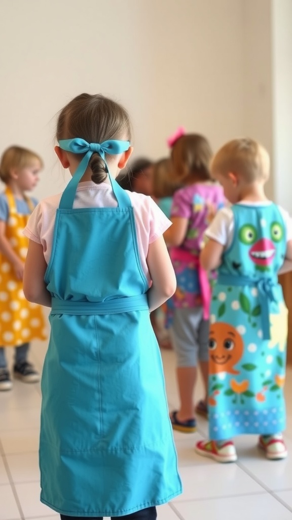 Children wearing colorful aprons and preparing for a craft activity.