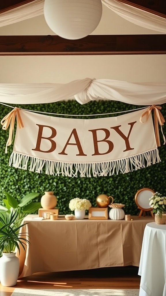 A decorative banner that reads 'BABY' with fringe, displayed in an elegant setting with plants and decorative items.