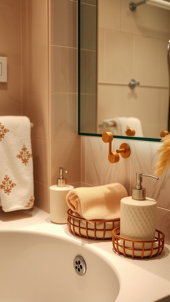 A cozy bathroom setup with peach towels, stylish soap dispensers, and decorative storage baskets.