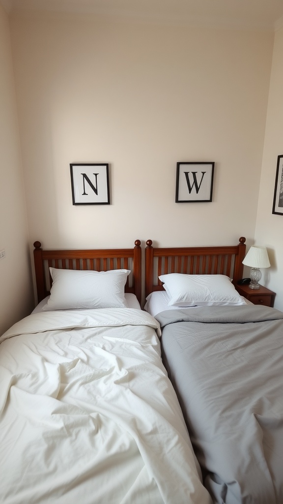 Two beds with personalized bedside tables in a shared bedroom