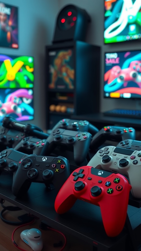 A collection of personalized gaming controllers in a couple's gaming room, showcasing various styles and colors.