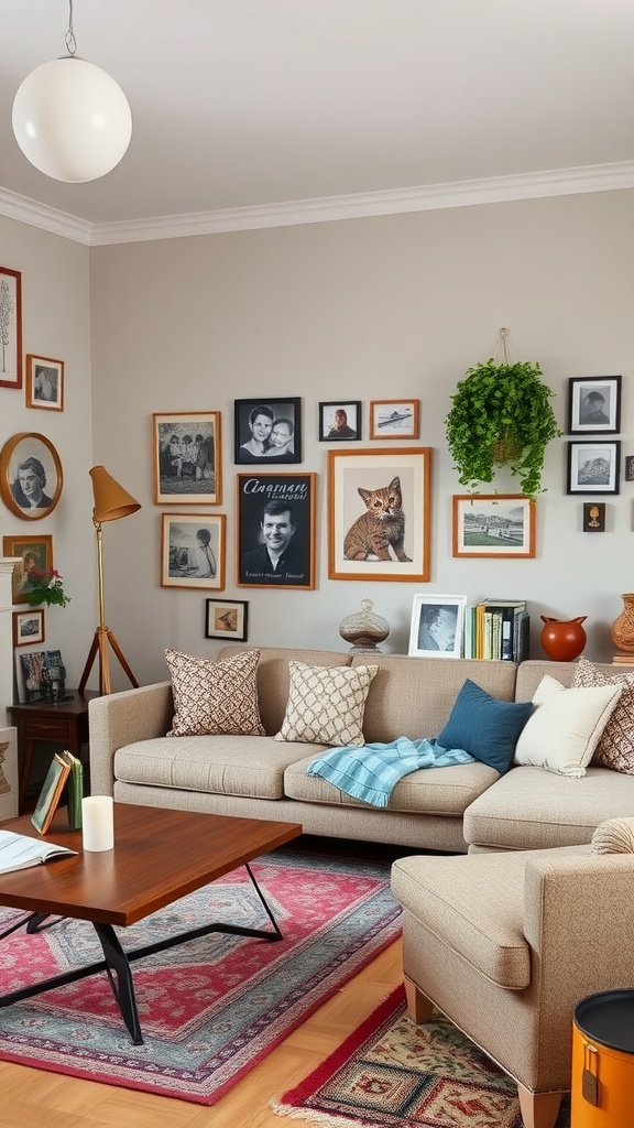 Cozy living room with gallery wall, comfortable sofa, and warm decor