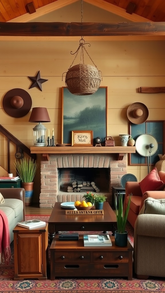 Cozy ranch-style living room featuring personalized decor elements with hats, a star, and a rustic light fixture.