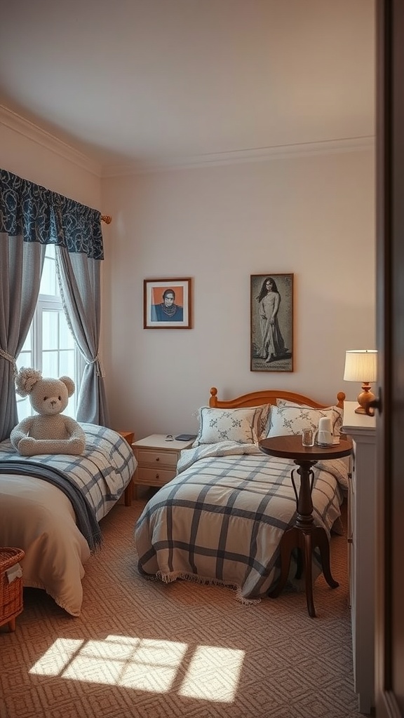 A cozy bedroom with two beds, each reflecting the personalities of two sisters, featuring plaid bedding and personal decor.